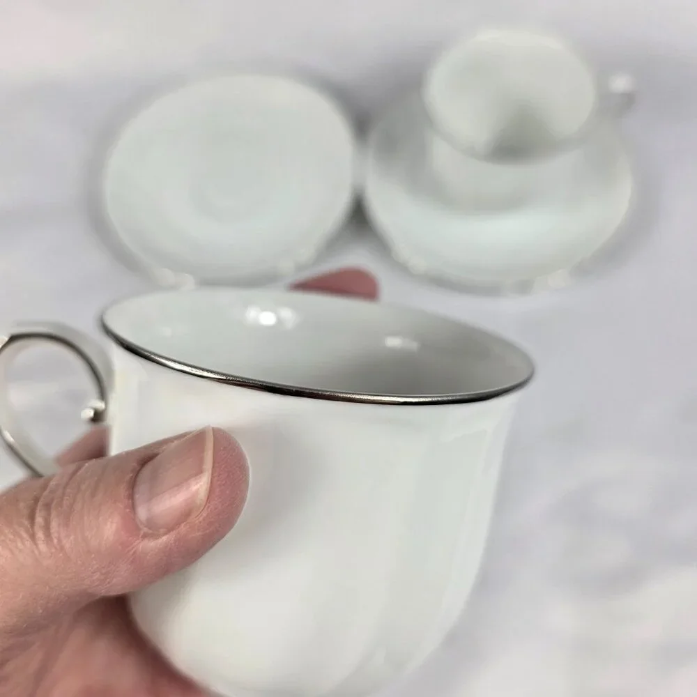 TWO (2) Mikasa Wedding Band Platinum Cup & Saucer Sets White Swirl Platinum Trim